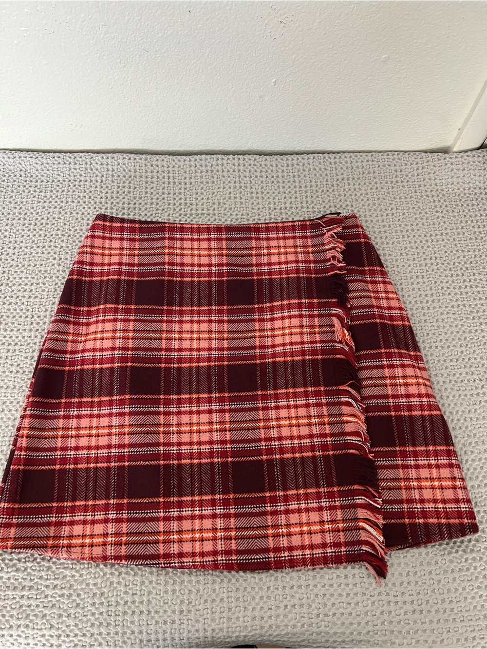 St. John's Bay Red Plaid Fringe Wrap Mini Skirt